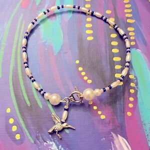Handmade Glass & Plastic Pearl Bead With Hummingbird Charm Bracelet